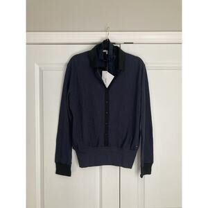 Lacoste Womens Navy Black Button Front Cardigan Belt Cotton Modal Wool 44/12 NWT